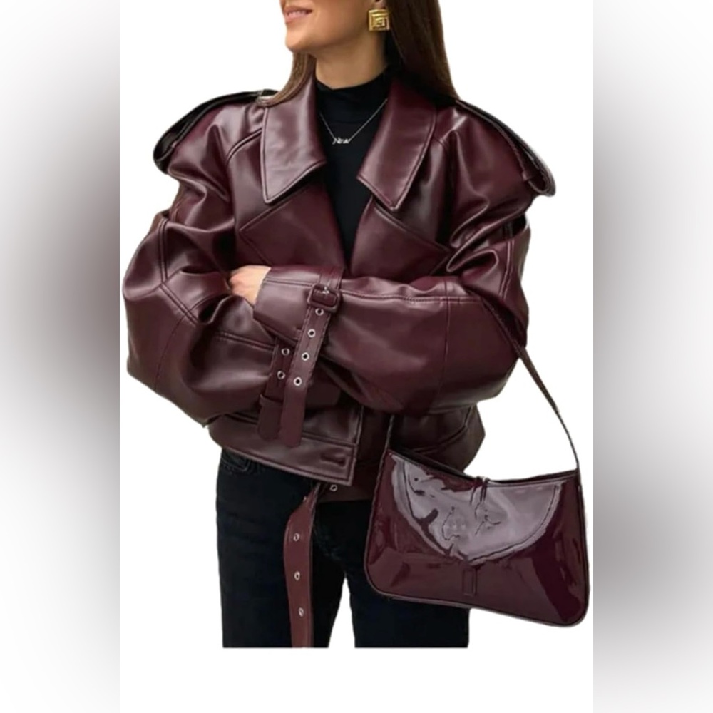 Wine colored faux leather oversized motorcycle jacket - Picture 3 of 7